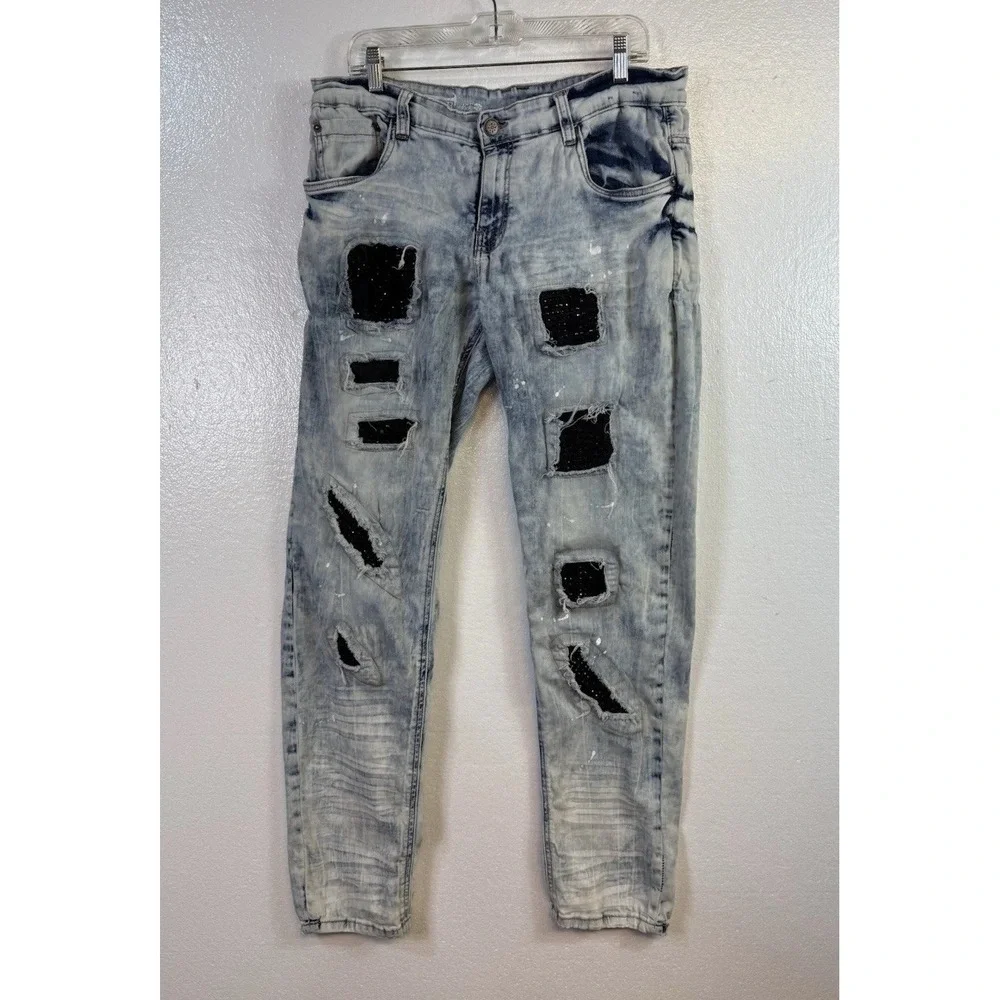 Copper Rivet Jeans Mens 34x32 Blue Paint Splatter Distressed Slim Fit Stone Wash - Picture 1 of 12